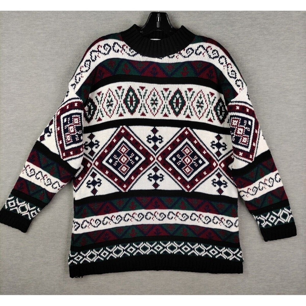 Vintage Mens Sweater L Red Green Fair Isle Nordic Holiday Cabincore VTG Cut 4U‎
